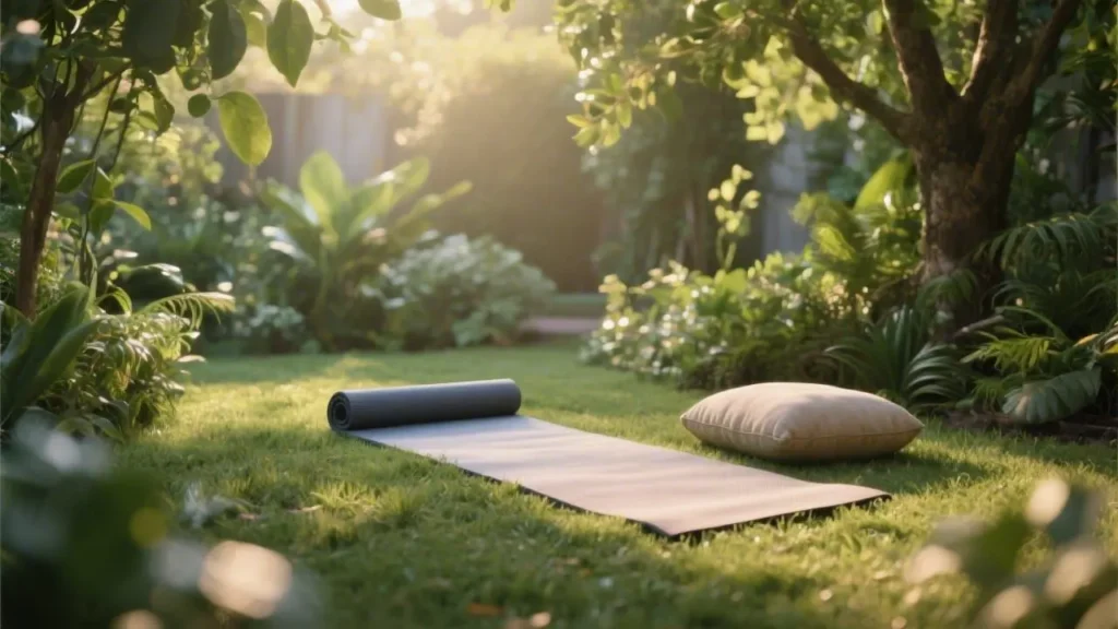 garden with yoga mat unrolled on soft grass