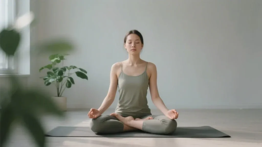 woman seated cross-legged on yoga mat in peaceful room