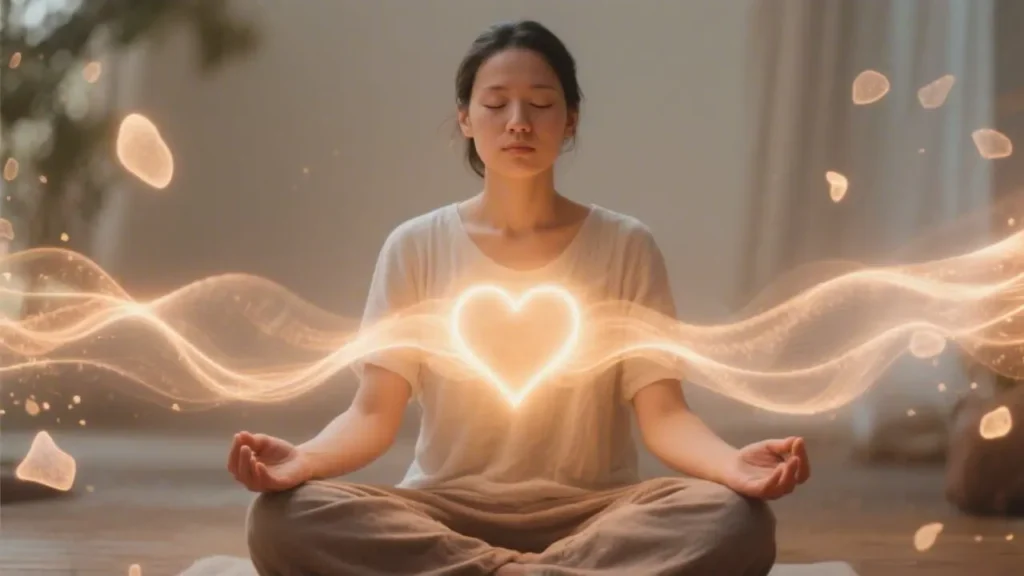 woman sitting quietly in meditation with eyes closed and open heart chakra
