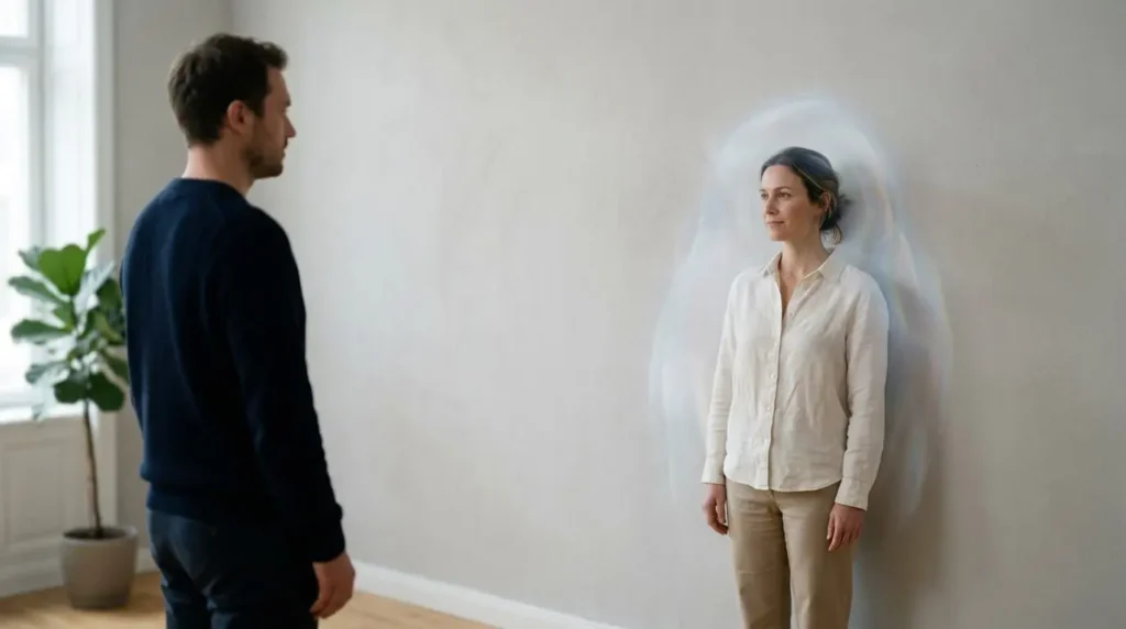 man looking at woman with aura field around her