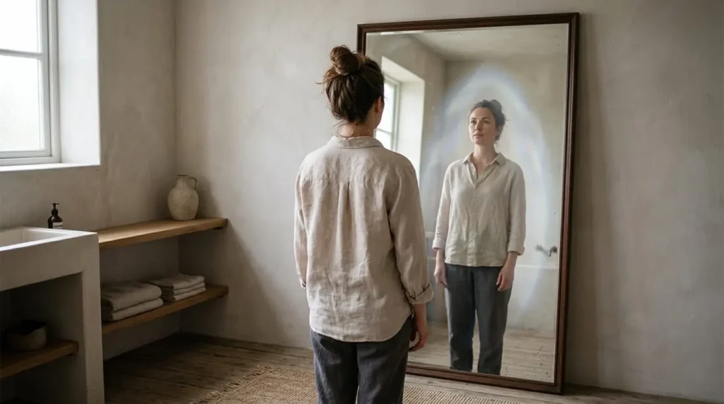 woman standing in front of a large mirror looking at her reflection with aura around her
