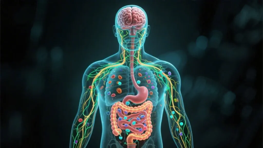 3d render human torso showing digestive system and brain connected