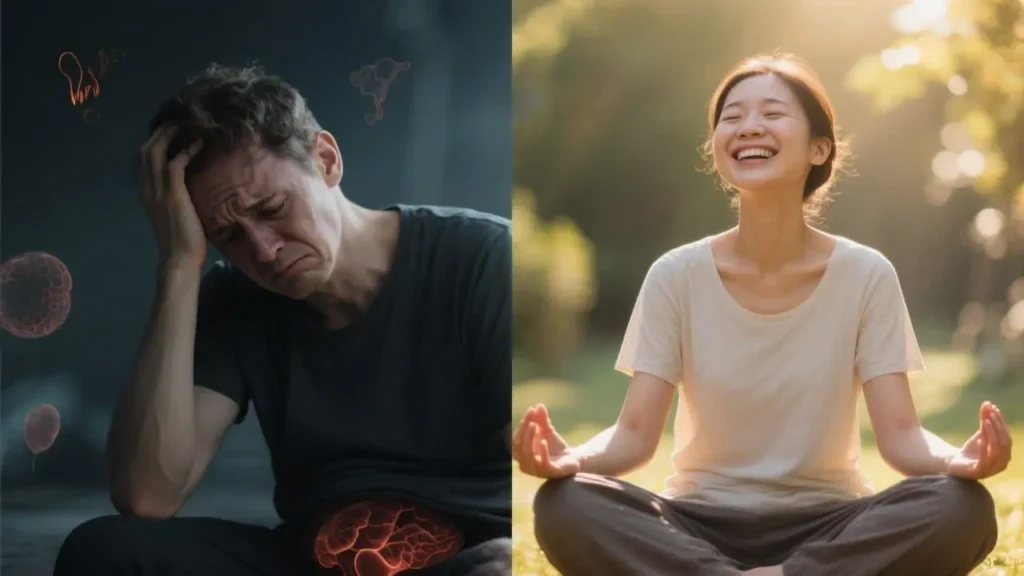 split image showing two contrasting states of human - stressed and happy