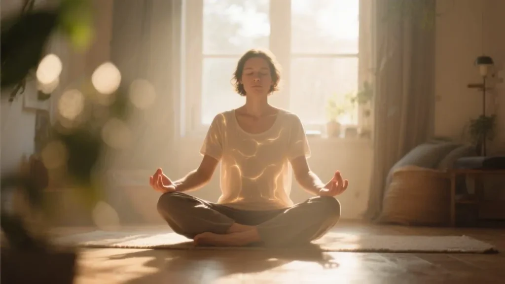 woman meditating peacefully in a sunlit room