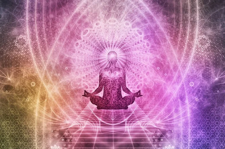 Abstract Illustration of a person sitting in meditative lotus pose with energy and colors flying around.