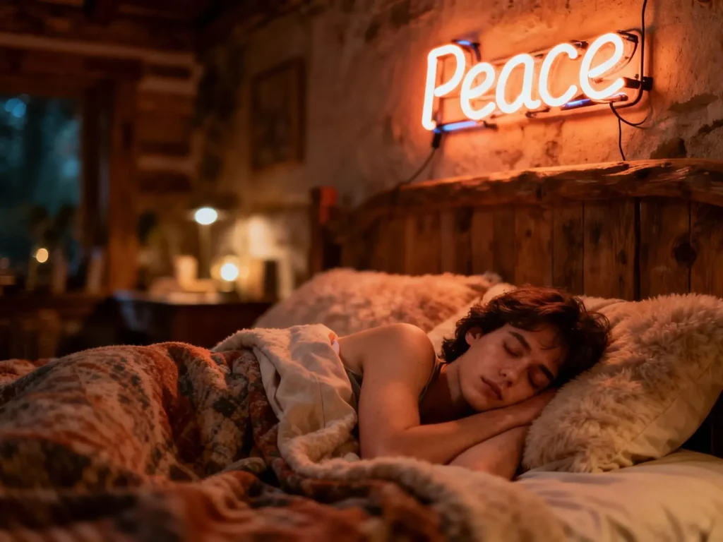 comfortable bedroom with rustic look with neon sign on the wall