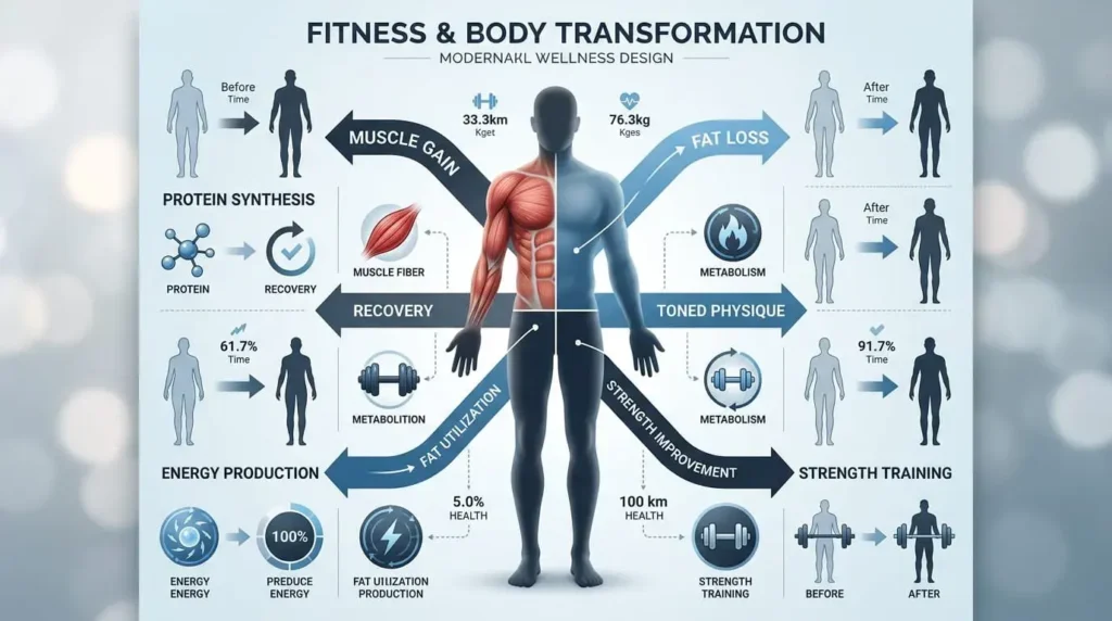 Fitness infographic showing different body-shaping goals and supplement strategies