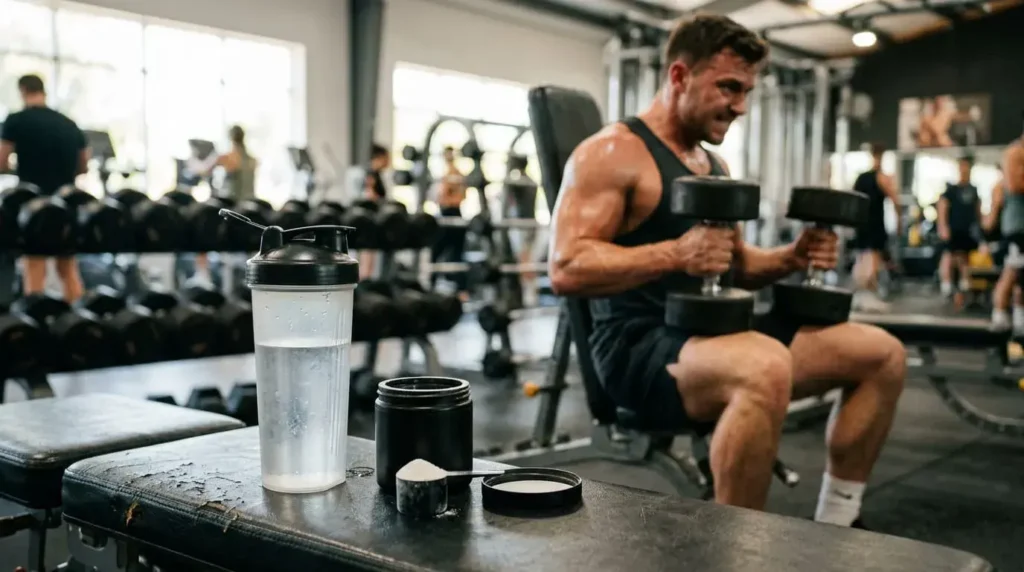 Athlete training in gym with creatine supplement shaker bottle on bench