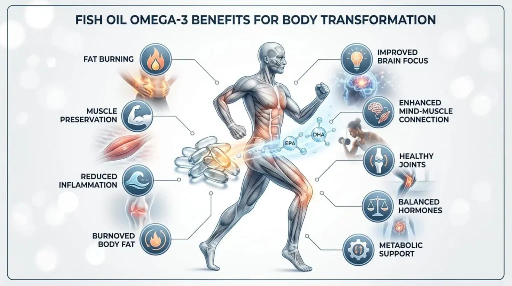 Realistic infographic showing omega-3 fish oil benefits for fat loss, recovery, and brain function