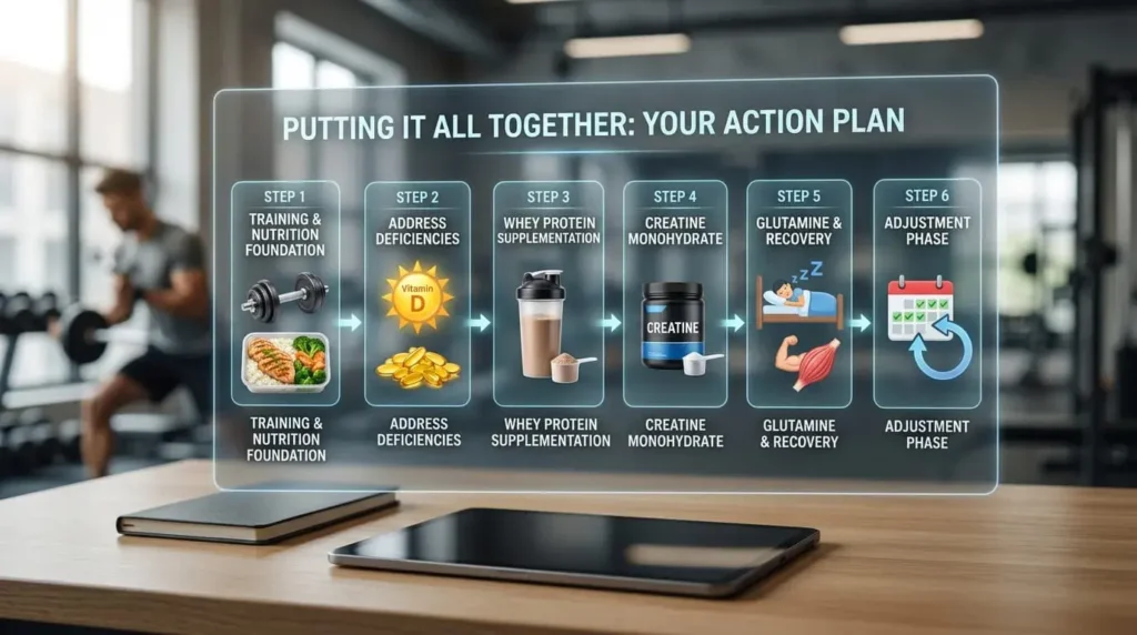 Photorealistic diagram showing a step-by-step fitness nutrition and supplement action plan
