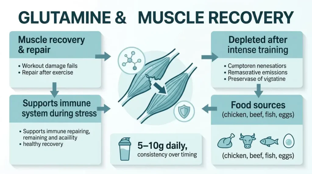 Infographic showing glutamine supporting muscle recovery, immune system, and food sources