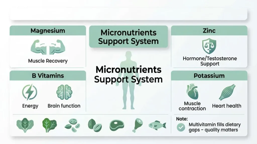 Infographic showing magnesium, zinc, B vitamins, and potassium supporting muscle, energy, and recovery