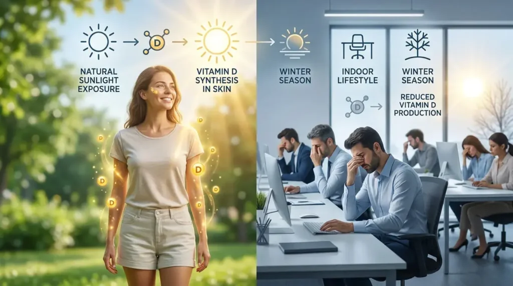 Realistic infographic showing vitamin D production from sunlight and indoor lifestyle effects
