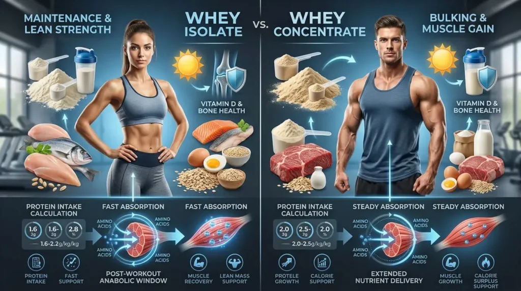 Realistic infographic comparing whey isolate and whey concentrate for muscle building goals