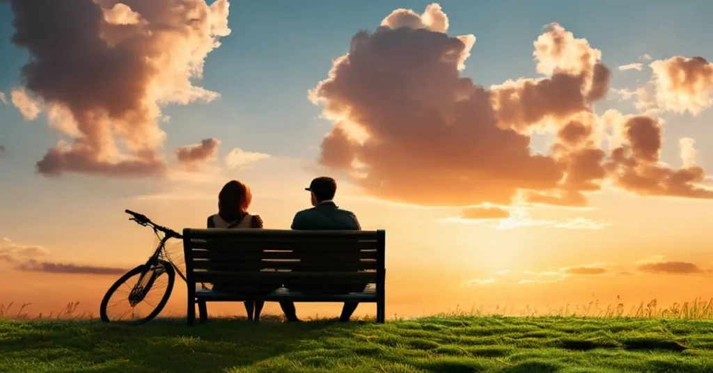 a man and a woman sitting on a bench looking at sunset