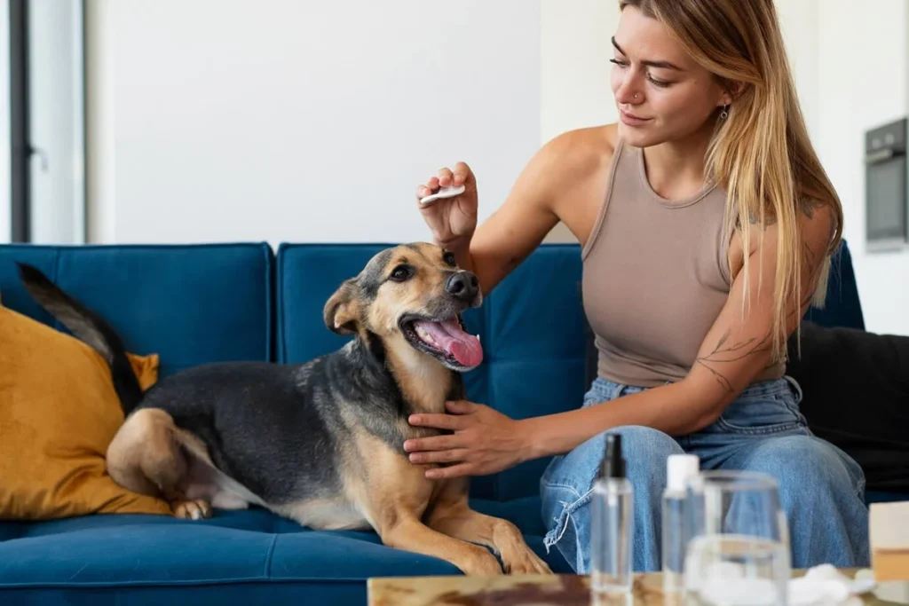 a woman and a dog sitting on a couch