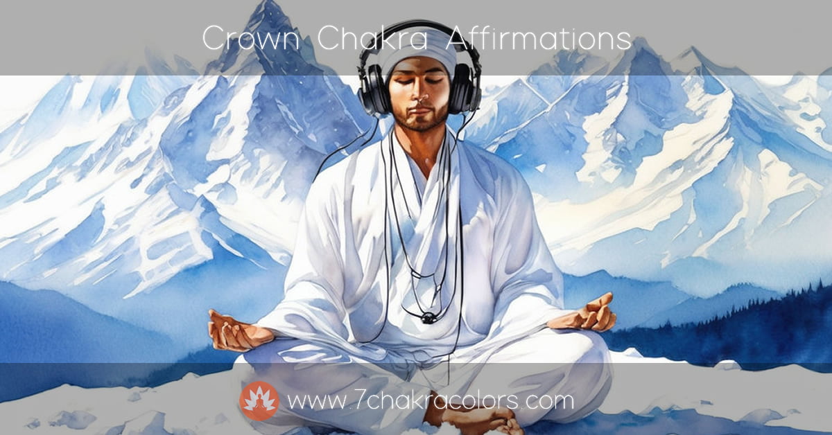 a painting of a man with headphones sitting on a snowy mountain in a meditation pose listening to crown chakra affirmations
