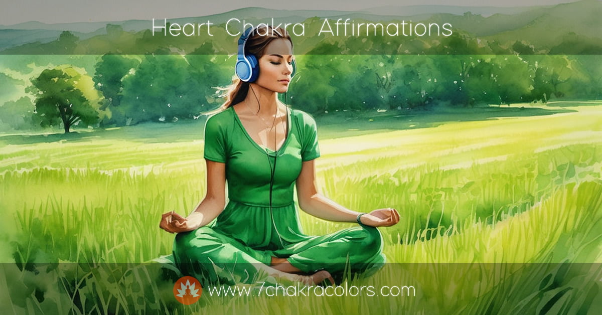 a painting of a woman with headphones sitting in a grean field in a meditation pose listening to heart chakra affirmations