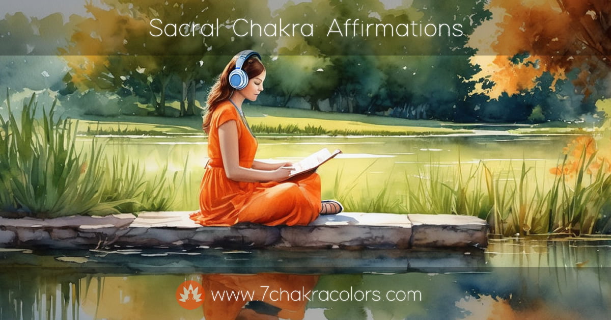 a painting of a woman with headphones sitting by a lake in a meditation pose listening to sacral chakra affirmations