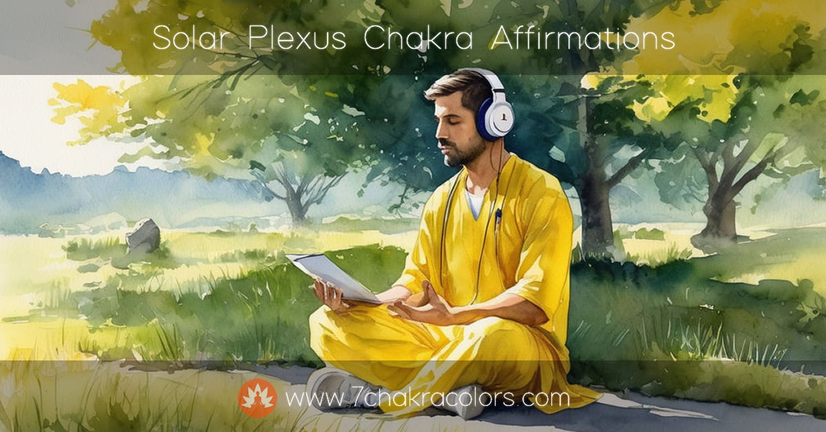 a painting of a man with headphones sitting below some trees in a meditation pose listening to solar plexus chakra affirmations