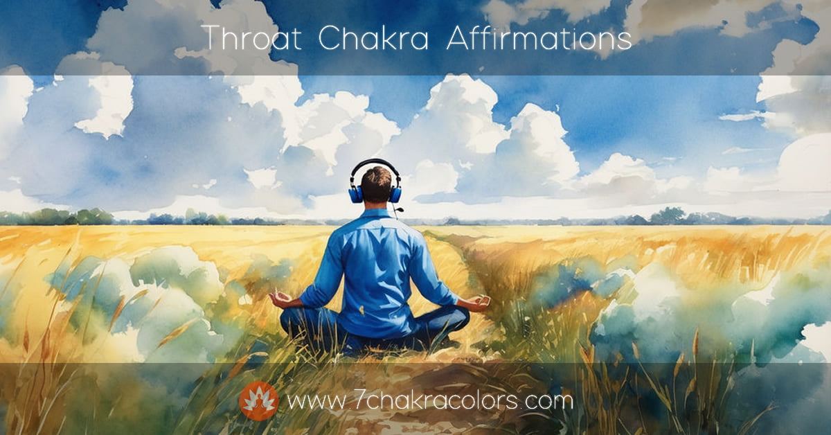 painting of a man with headphones sitting in a filed in meditation pose listening to throat chakra affirmations