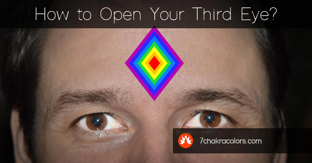 a man with bright eyes and a rainbow symbol over the third eye
