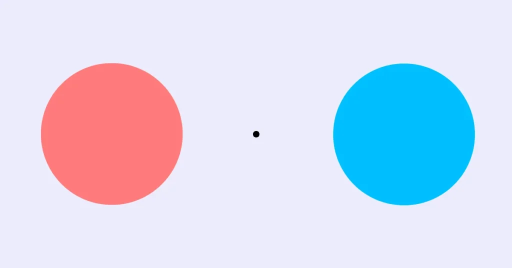 red and blue circle with small black dot in between