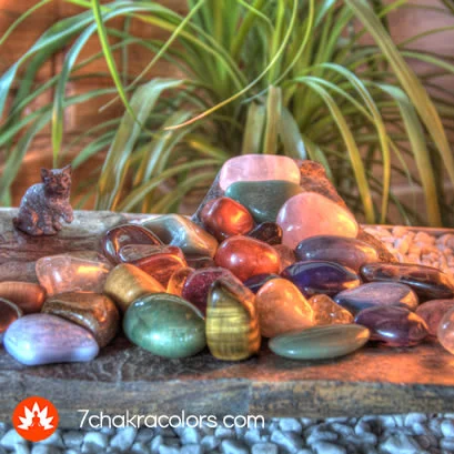 a group of colorful chakra stones on a rock