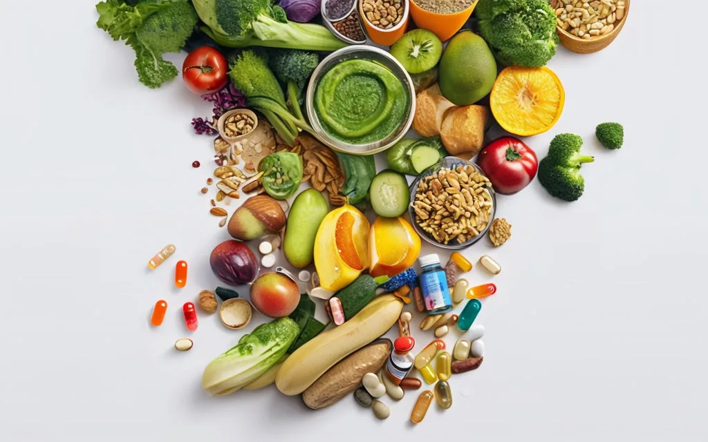 fresh fruits and vegetables, nuts, grain, and vitamin pills on a table