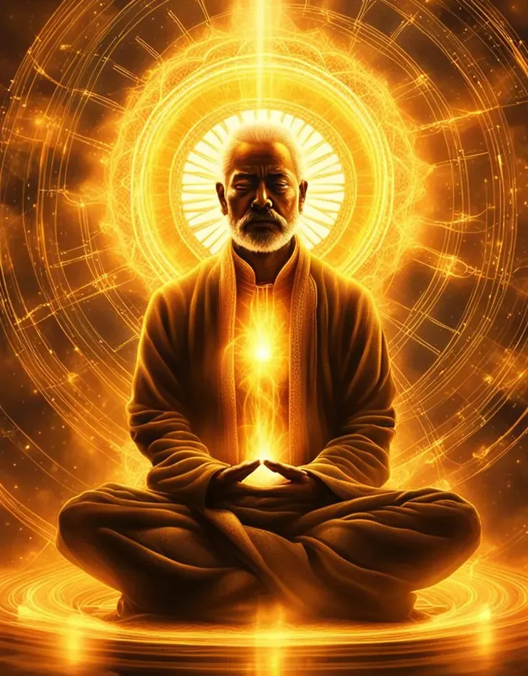man meditating on solar plexus chakra surrounded with yellow golden light