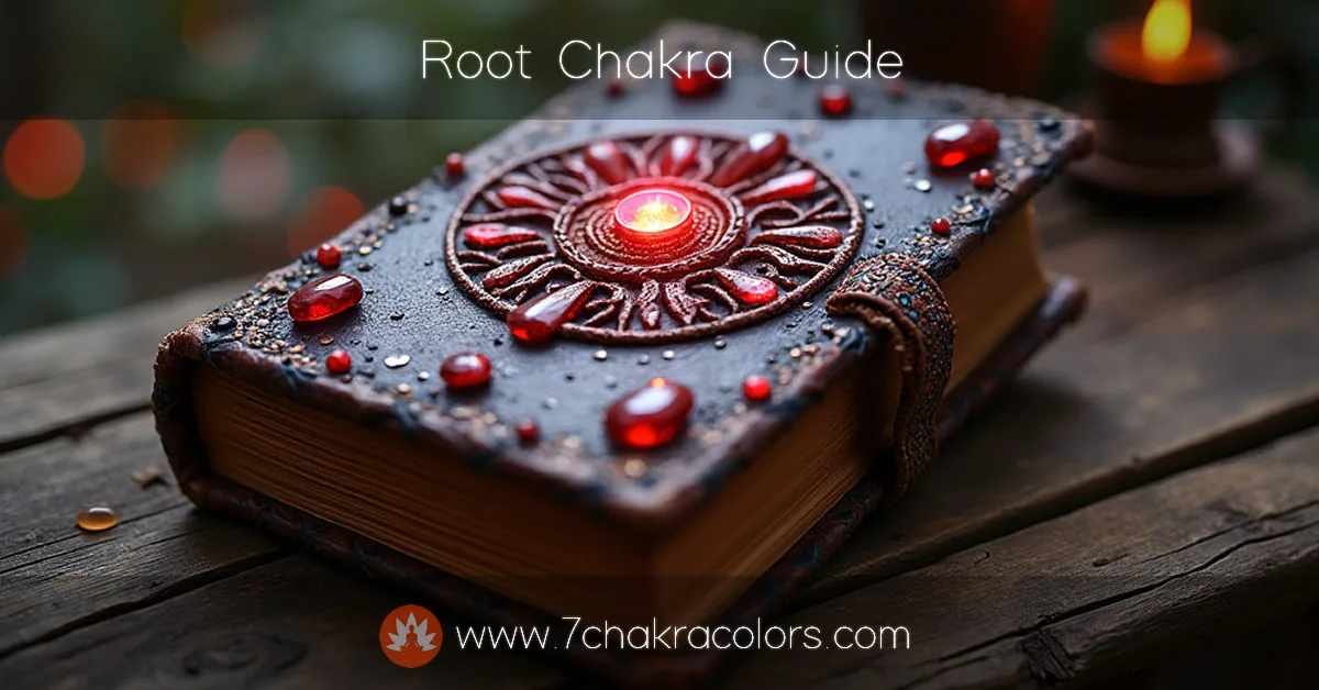 Ancient leather book with red stones and root chakra symbol on wooden desk, mystical glow.