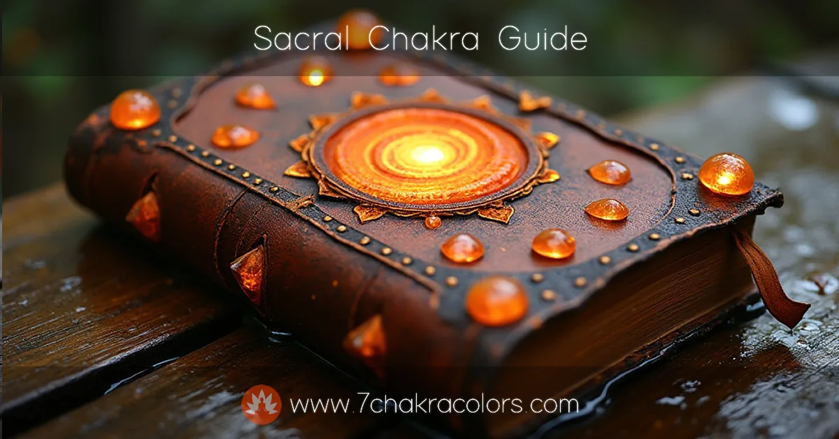Old leather book with orange stones, sacral chakra symbol, and water element reflection.