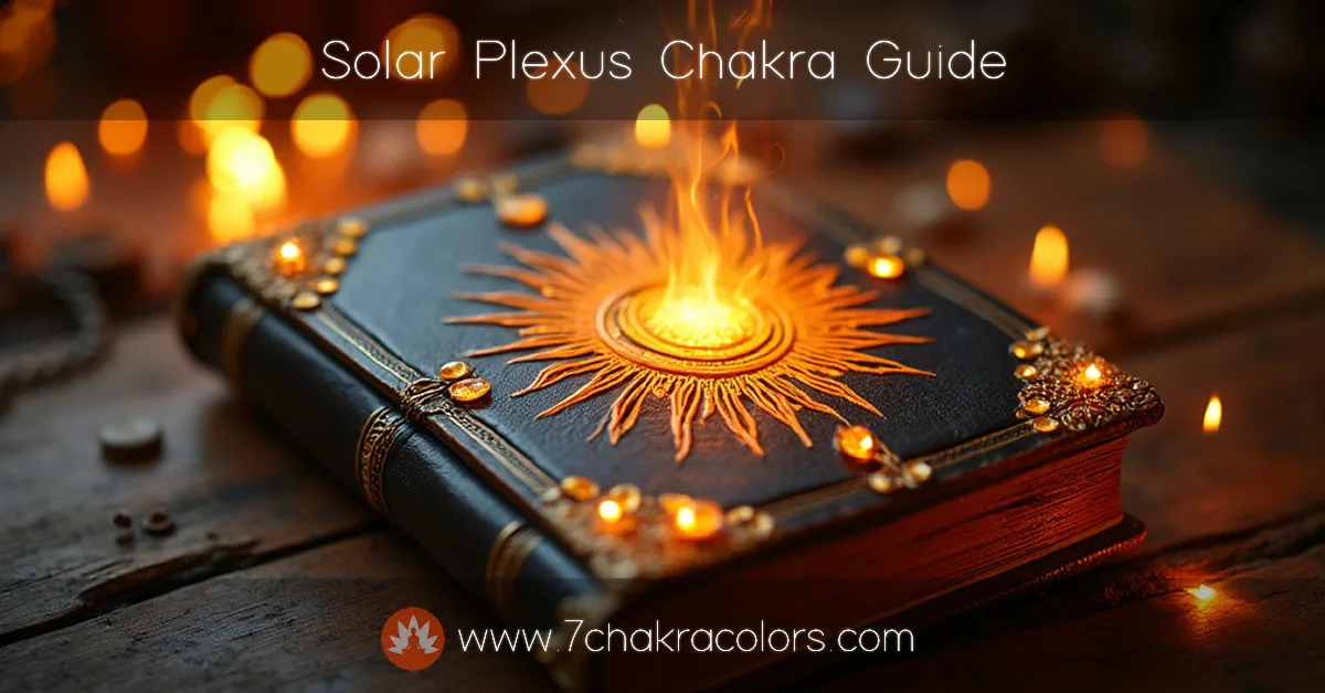 Worn leather book with yellow stones and solar plexus chakra symbol, fiery glow effect.