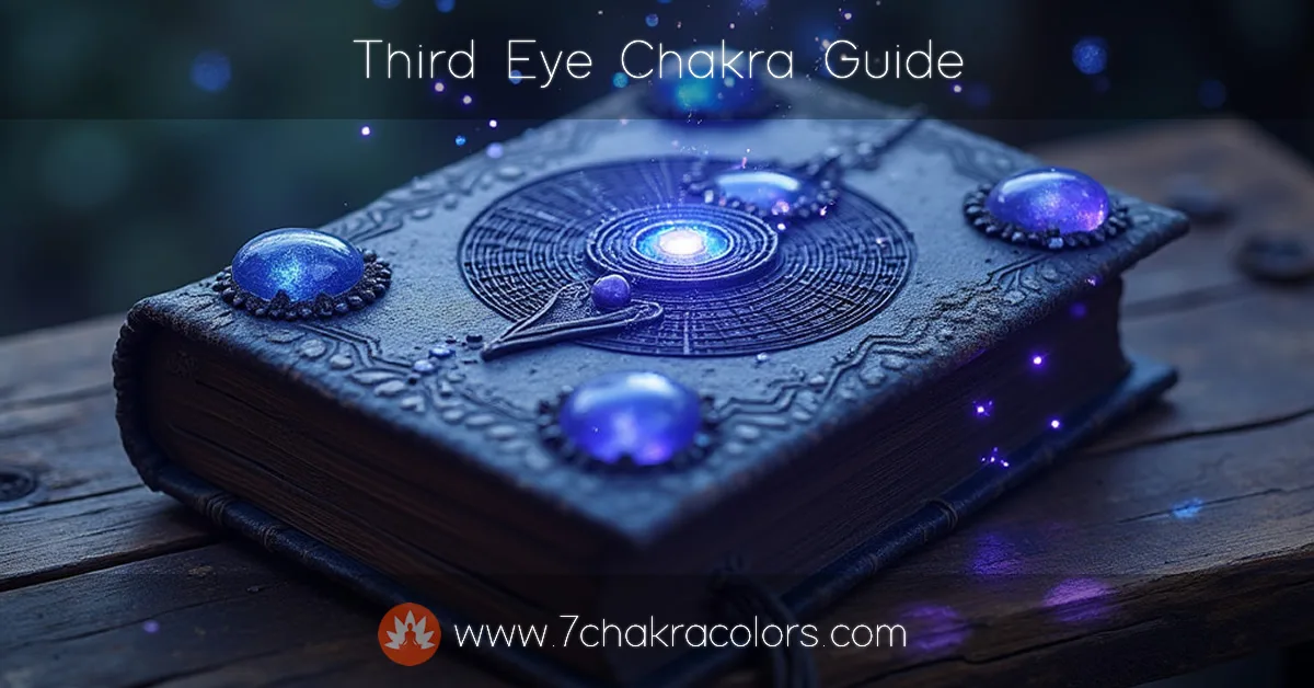 Mystical book with indigo stones, third eye chakra symbol, and cosmic star-like glow.