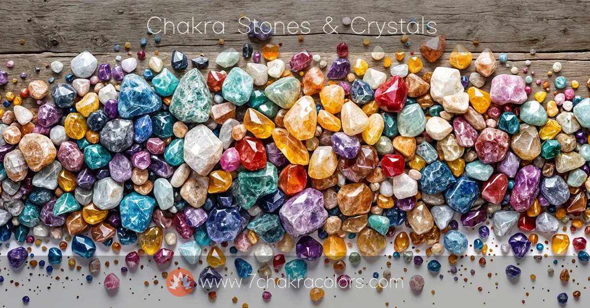a group of colorful rocks, crystals and chakra stones