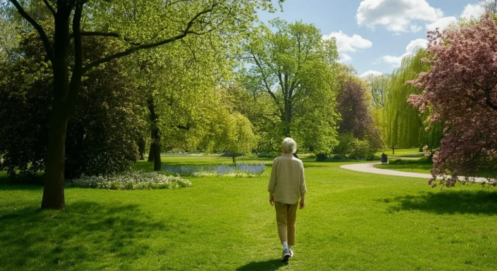 Person relaxing by walking in a park