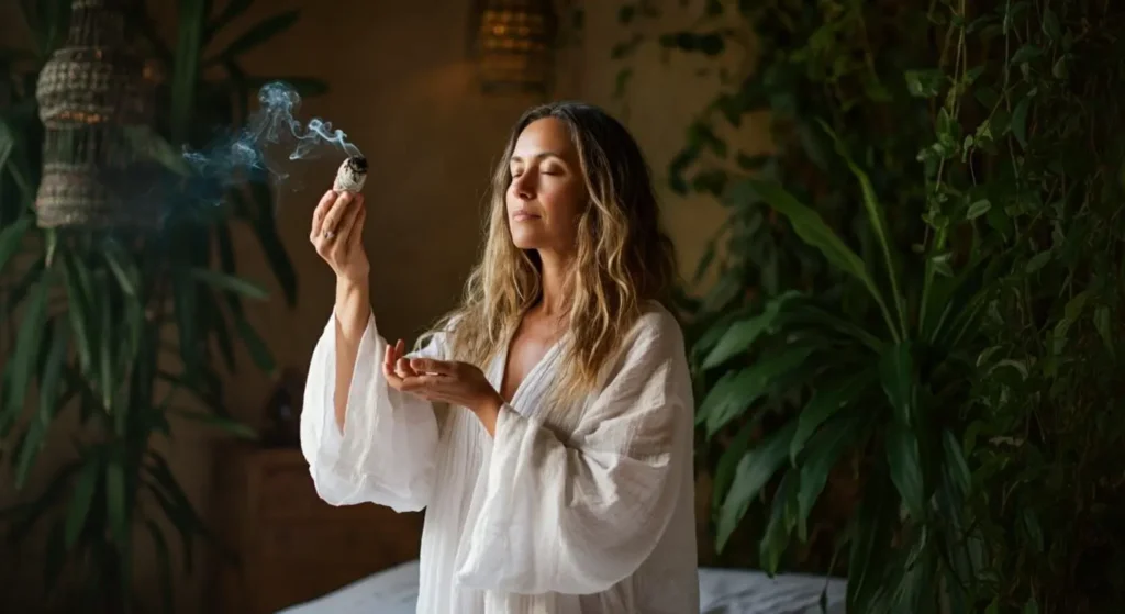 woman cleansing her energy with sage smudging