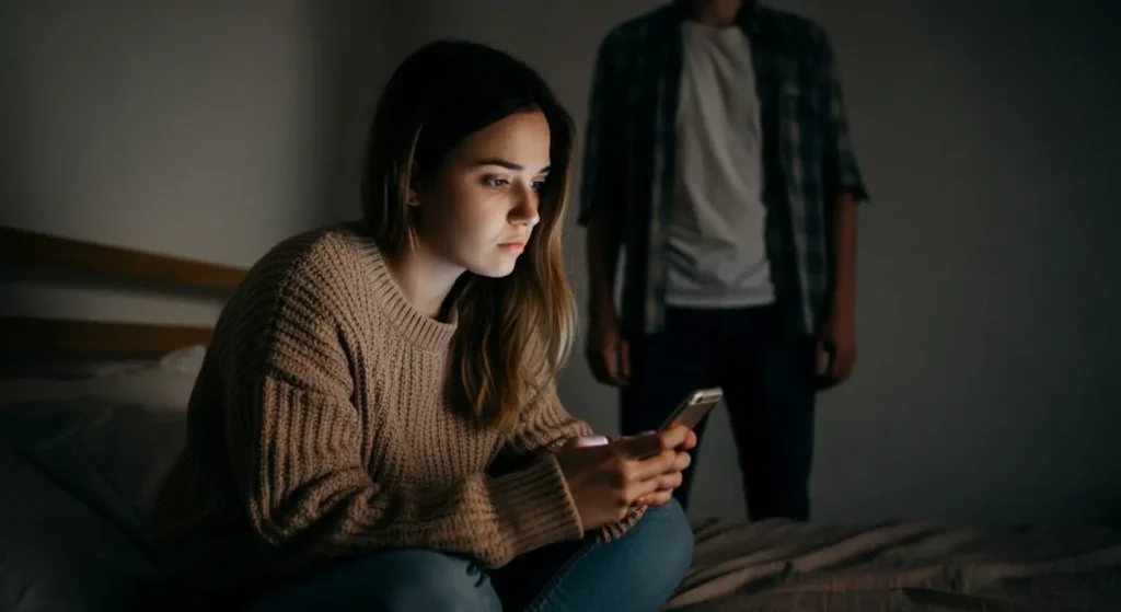 Girl sitting on a bed looking at her phone not noticing her boyfriend standing behind her