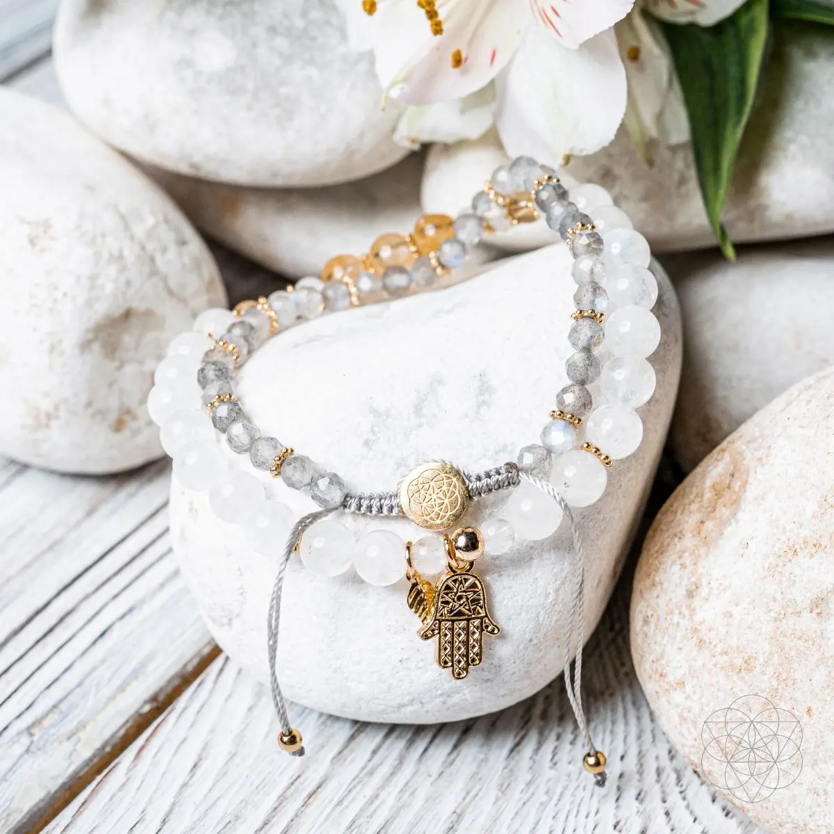 Golden Hand of Fortune Bracelet with Seed of Life and Hamsa Hand Symbols