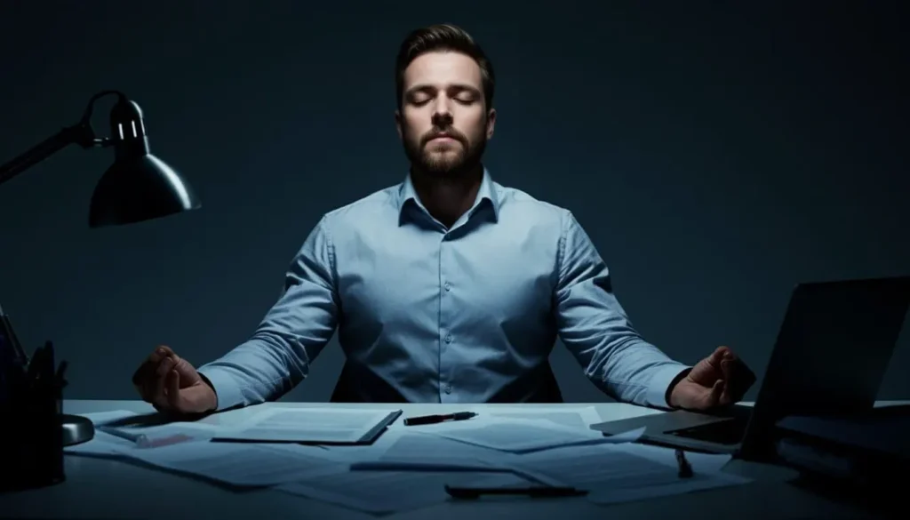 Man meditating at office work at a desk with research papers and laptop.