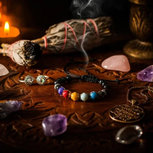 chakra jewelry items displayed on a carved wooden altar table