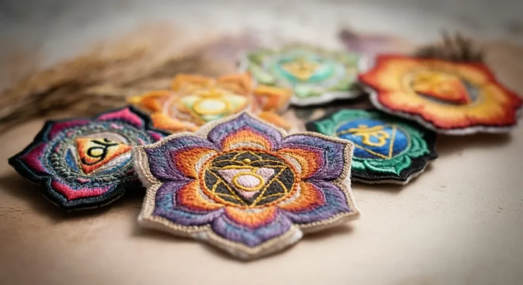 embroidered patches with sacred geometry and chakra symbols