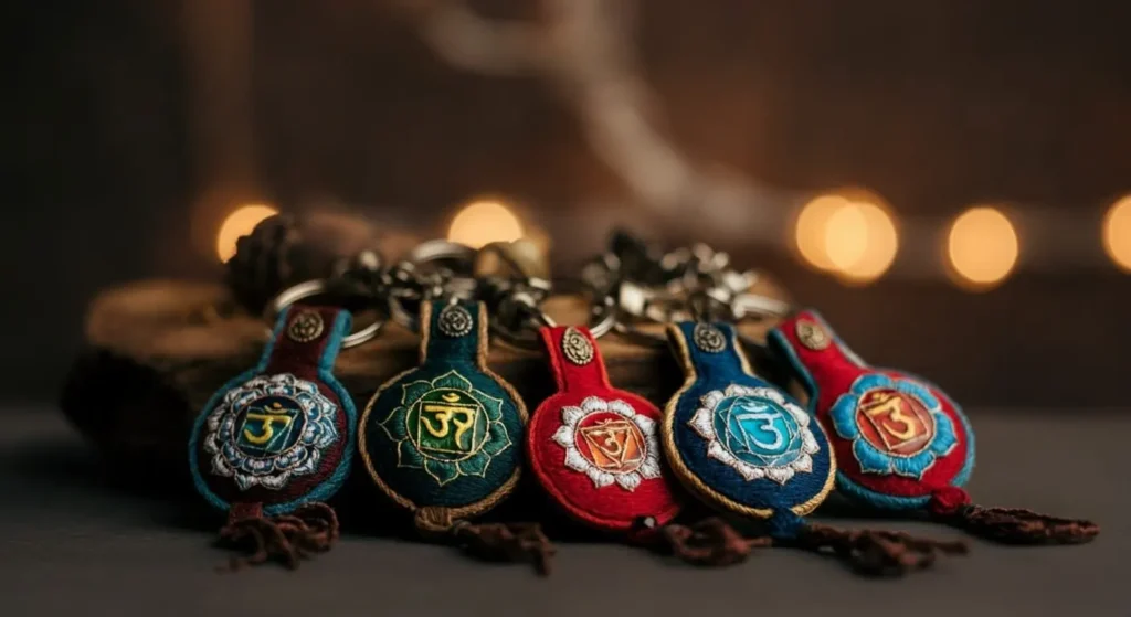 enameled and embroidered keychains with chakra symbols