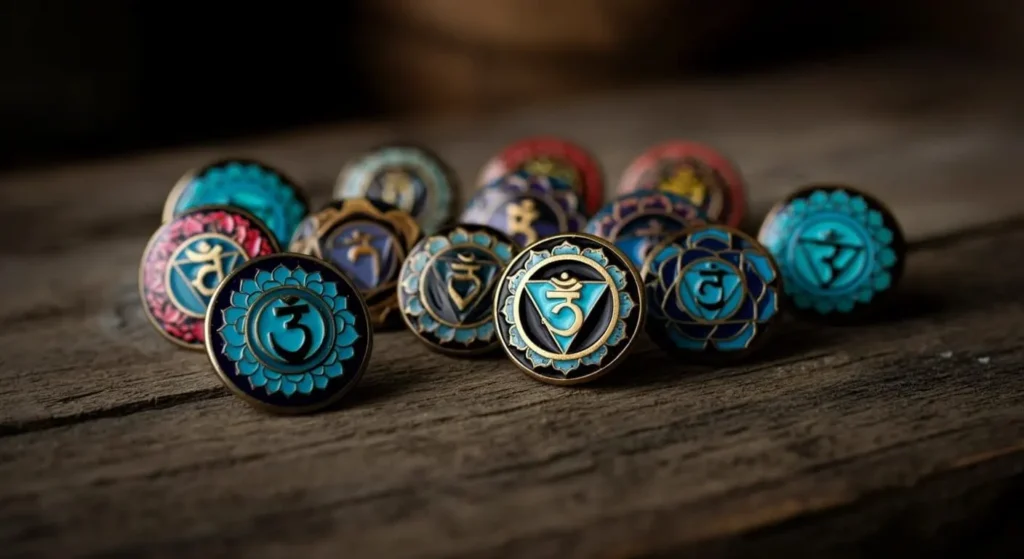 enameled color metal pins with chakra symbols