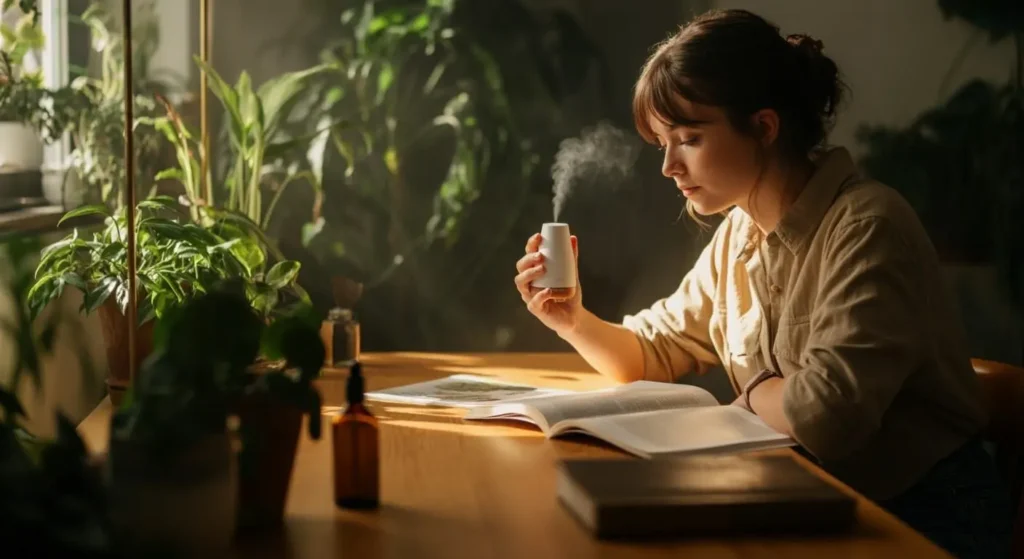 female student using aromatherapy essential oils while learning