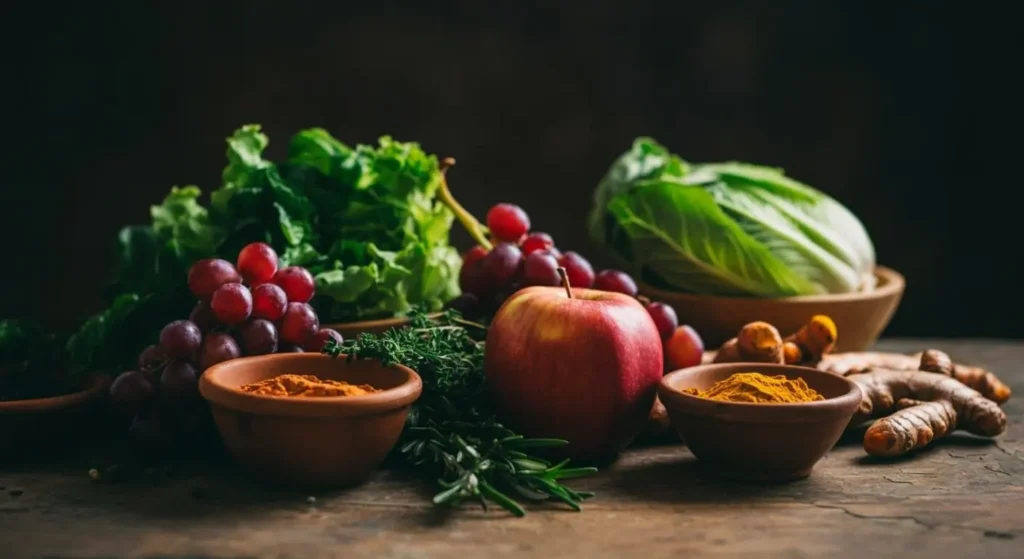 healthy foods, fruits, vegetables, herbs and spices on a wooden kitchen table