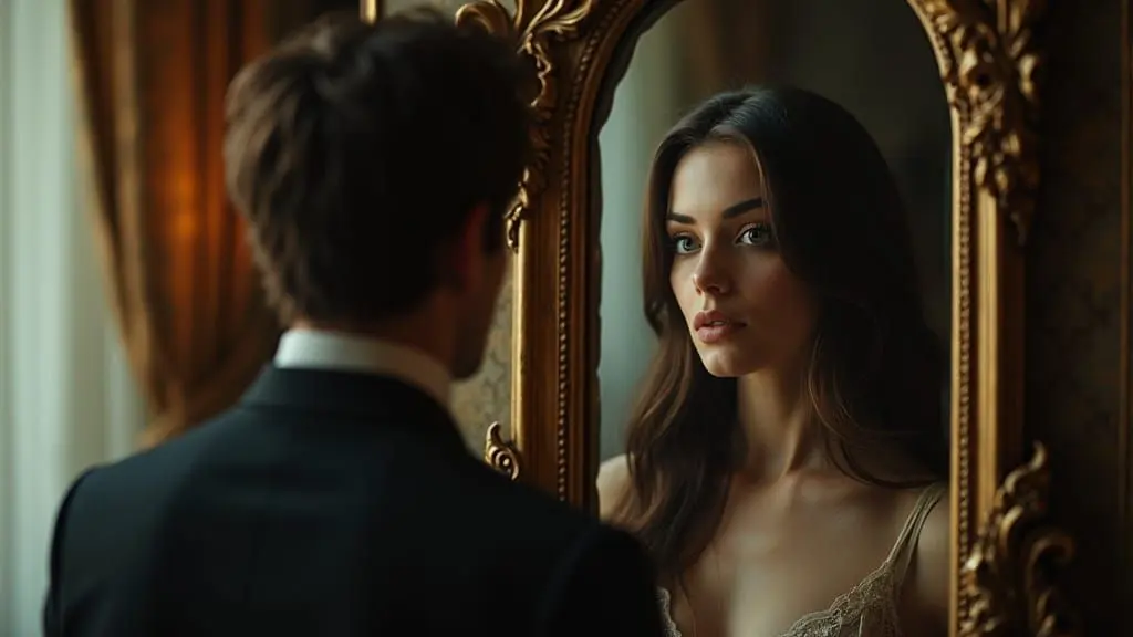 man looking in the mirror seeing his own reflection as a woman