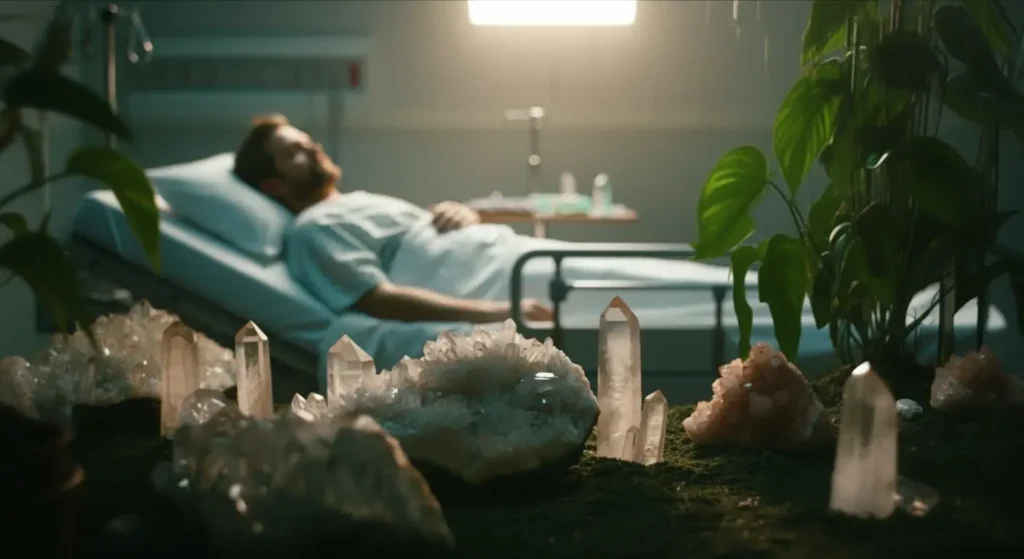 man lying in hospital bed surrounded with crystal clusters