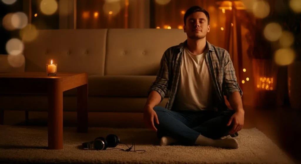 man sitting cross-legged in a living room making retrospection
