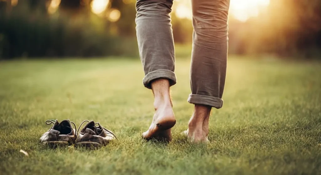 man walking barefoot on soft grass